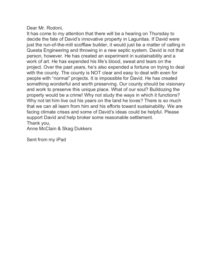 Anne McClain & Skag Dukkers Letter to Supervisor Rodoni
